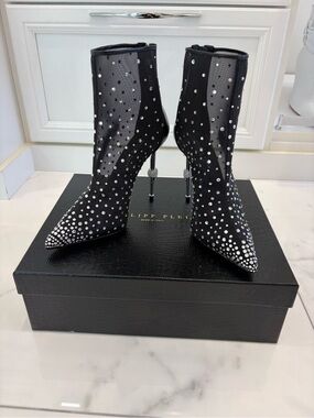 Philipp Plein Black Crystal-Embellished Mesh Pointed-Toe Stiletto Booties